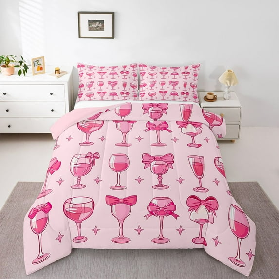 Manfei Kawaii Pink Bowknot 2pcs Bedding Comforter Set for Female Girls Teens,Stars Print Twin Comforter Sets,Dreamy Princess Breathable Bedding Set,Super Cozy Room Decor,Reversible