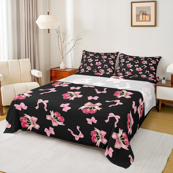 Manfei Kawaii Pink Bowknot 4 Pieces Queen Sheet Sets for Girls Teens Children,Cute Fruit Cherry Ultra Soft Flat Sheet,Love Heart Print Queen Fitted Sheet,Breathable Home Decor