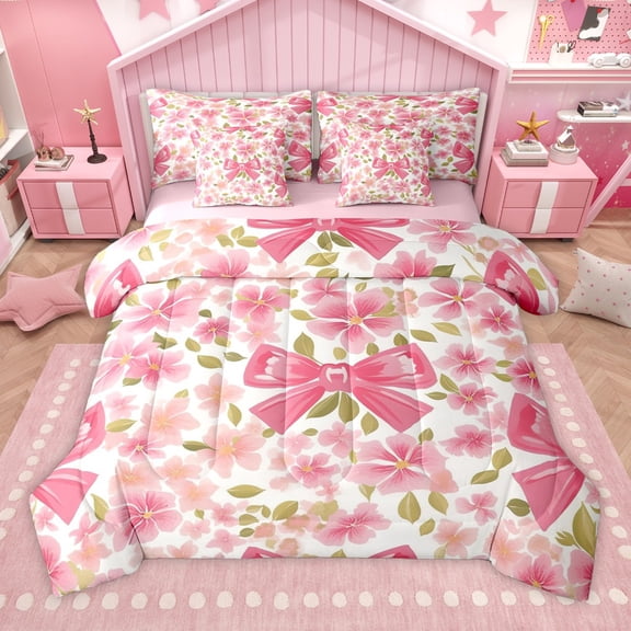 Manfei Kawaii Pink Bowknot 7 Pieces Bedding Comforter Set for Girls Teens Children,Chic Flower Blossom Full Bedding Set Lightweight,Spring Graden Fitted Sheet Flat Sheet,Breathable Home Decor