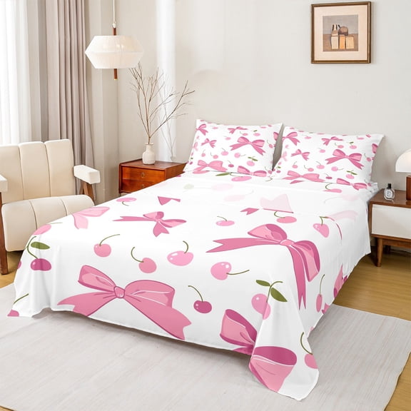 Homewish Girly Princess Bowknot King Sheet Set for Girls, Cartoon Pink Cherry Kids Bedding, 4pcs