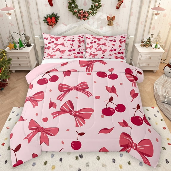 Homewish Kawaii Pink Bowknot Queen Comforter Set, Cartoon Cherry Leaf Plant Bedding Sets, Teens Kids Boys Girls Reversible Bedding Comforter Set, Breathable Home Decor, 3 Pieces