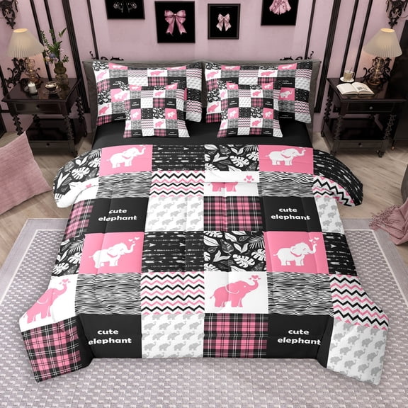 Manfei Kawaii Pink Buffalo 7-Piece Bedding Comforter Set for Kids, Art Abstract Patchwork King Bedding Sets, Rustic Farmhouse Elephant Reversible Bed Sheets, Luxury Bedroom Decor