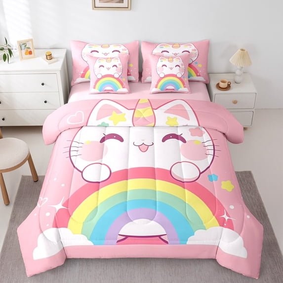 Manfei Kawaii Pink Cat Bedding Comforter Set 7-Piece for Kids, Cartoon Rainbow King Bedding Sets, Cute Stars Print Reversible Bed Sheets, Ultra Soft Home Decor