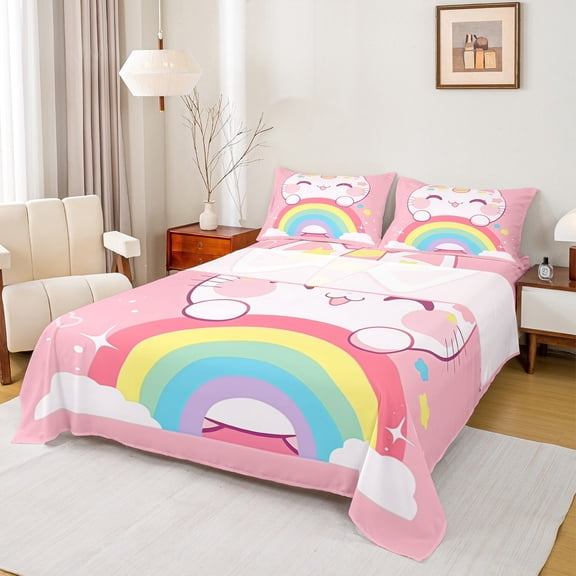 Manfei Kawaii Pink Cat Queen Sheet Sets for Kids, Cartoon Rainbow Flat Sheet, Cute Stars Print Queen Fitted Sheet, Ultra Soft Home Decor, 4pcs