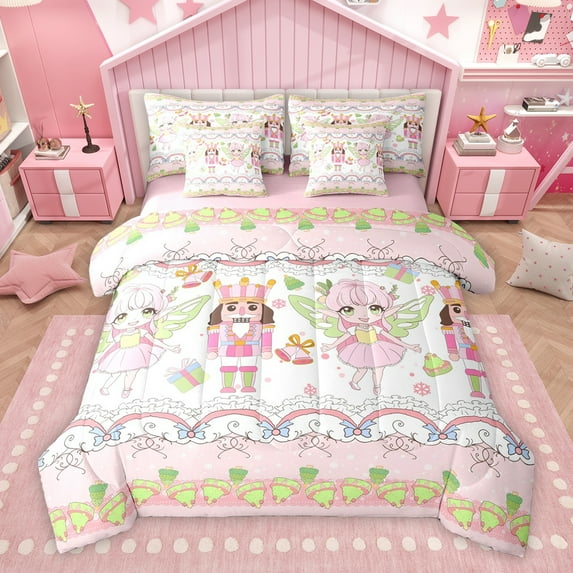 Homewish Kawaii Pink Fairy Elf Twin Bedding Sets 7-Piece, Christmas Nutcracker Bedding Comforter Set, Teenss Kids Girls Reversible Sheet Sets, Lightweight Room Decor