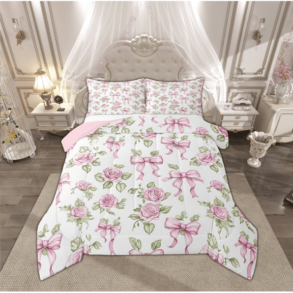Manfei Kawaii Pink Floral Bedding Comforter Set, Princess Bowknot Rose Twin Comforter Sets, Teens Girls Female Reversible Bedding Set, Breathable Home Decor, 2pcs