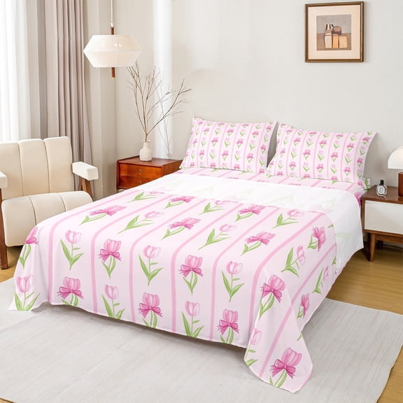 Manfei Kawaii Pink Flower Full Size Sheets, Princess Tulip Floral Bed Sheets, Teens Girls Female Sheet Sets, Breathable Home Decor, 4pcs