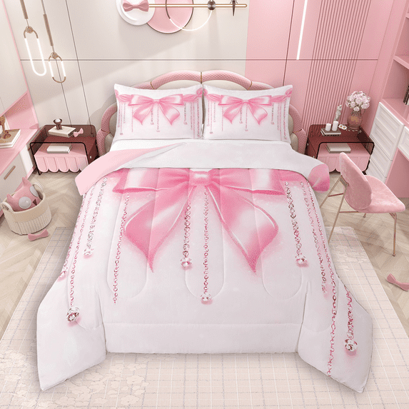 Manfei Kawaii Pink Full Size Comforter Sets 3-Piece for Kids Girls, Glitter Diamonds Bedding Comforter Set, Princess Style Bedding Sets, Ultra Soft Home Decor