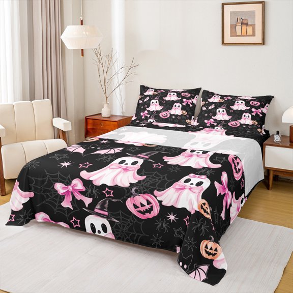 Manfei Kawaii Pink Ghost Twin Sheet Sets for Kids, Princess Ribbon Bowknot Twin Fitted Sheet, Sugar Halloween Pumpkin Flat Sheet, Microfiber Bedroom Decor, 3-Piece