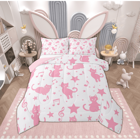 Manfei Kawaii Pink Kitten Full Size Comforter Sets for Kids, Cute Cartoon Cat Animal Bedding Comforter Set, Musical Note Melody Reversible Bedding Sets, Lightweight Room Decor, 3pcs