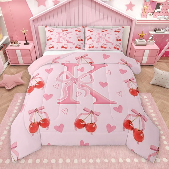 Manfei Kawaii Pink Letter K Bedding Comforter Set, Cartoon Princess Ribbon Twin Comforter Sets, Cherry Love Heart Reversible Bedding Set, Breathable Home Decor, 2pcs