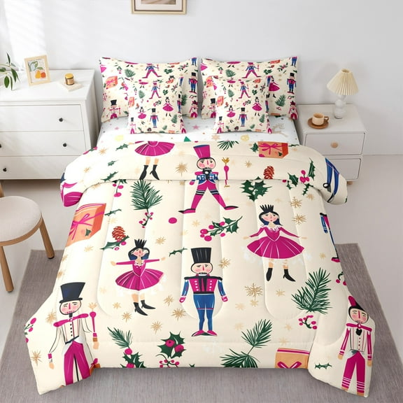 Manfei Kawaii Pink Nutcracker Bedding Comforter Set 7-Piece, Christmas Princess King Bedding Sets, Teen Kid Child Reversible Bed Sheets, Breathable Home Decor