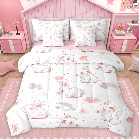 Manfei Kawaii Pink Rabbit Bedding Comforter Set 7pcs for Girls, Stars Starry Sky King Bedding Sets, Dreamy Cartoon Theme Reversible Bed Sheets, Lightweight Room Decor