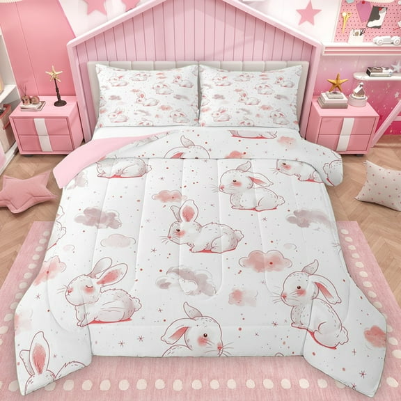 Manfei Kawaii Pink Rabbit Queen Comforter Set for Girls, Stars Starry Sky Bedding Sets, Dreamy Cartoon Theme Reversible Bedding Comforter Set, Lightweight Room Decor, 3 Pieces
