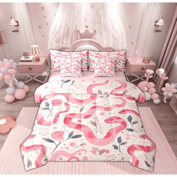 Manfei Kawaii Pink Snake Bedding Comforter Set 7pcs for Kid, Cartoon Flower Floral Queen Bedding Sets, Boho Hippie Animal Reversible Queen Sheet Sets, Luxury Bedroom Decor