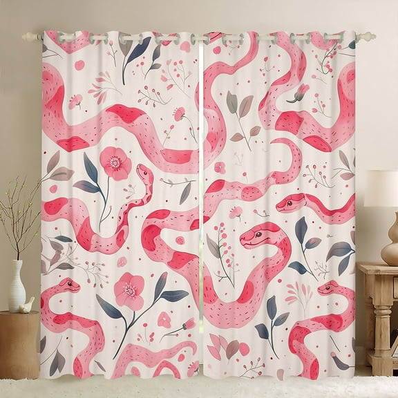 Manfei Kawaii Pink Snake Black Out Curtains for Kid, Cartoon Flower Floral Curtains Pack of 2 (42x63 Each), Boho Hippie Animal Bedroom Curtains, Window Curtains Bedroom Decor