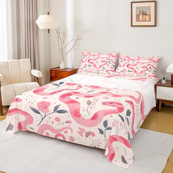 Manfei Kawaii Pink Snake Queen Sheet Sets for Kid, Cartoon Flower Floral Flat Sheet, Boho Hippie Animal Queen Fitted Sheet, Luxury Bedroom Decor, 4 Pieces