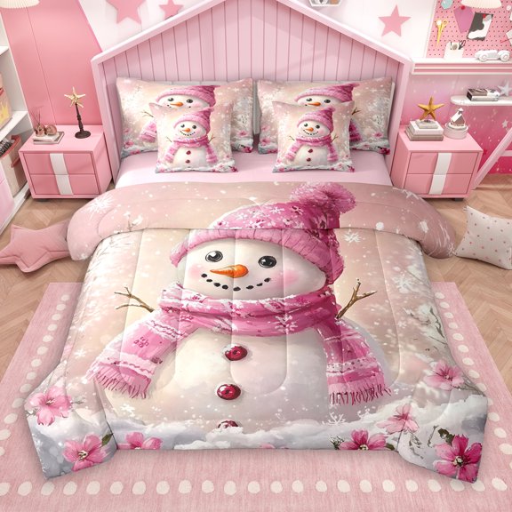 Manfei Kawaii Pink Snowman 7pcs Bedding Comforter Set for Teen, Happy Holiday Queen Bedding Sets, Winter Christmas Snowflake Reversible Queen Sheet Sets, Luxury Bedroom Decor