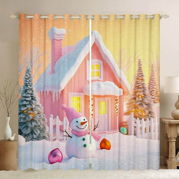 Manfei Kawaii Pink Snowman Black Out Curtains for Kids, Princess Rustic Cabin Curtains Pack of 2 (42x63 Each), Merry Christmas Bedroom Curtains, Window Curtains Room Decor