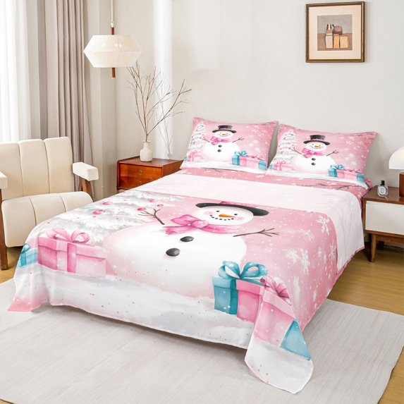 Homewish Kawaii Pink Snowman Full Size Sheets for Teens, Winter Xmas Tree Snowflake Bed Sheets, Fairy Tale Style Sheet Sets, Luxury Bedroom Decor, 4-Piece