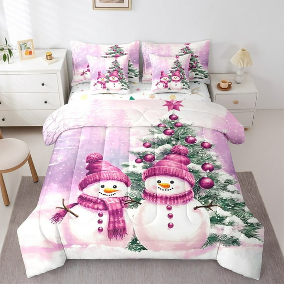 Manfei Kawaii Pink Snowman Twin Bedding Sets 7-Piece for Kids, Merry Christmas Bedding Comforter Set, Cartoon Dots Xmas Tree Reversible Sheet Sets, Super Cozy Room Decor