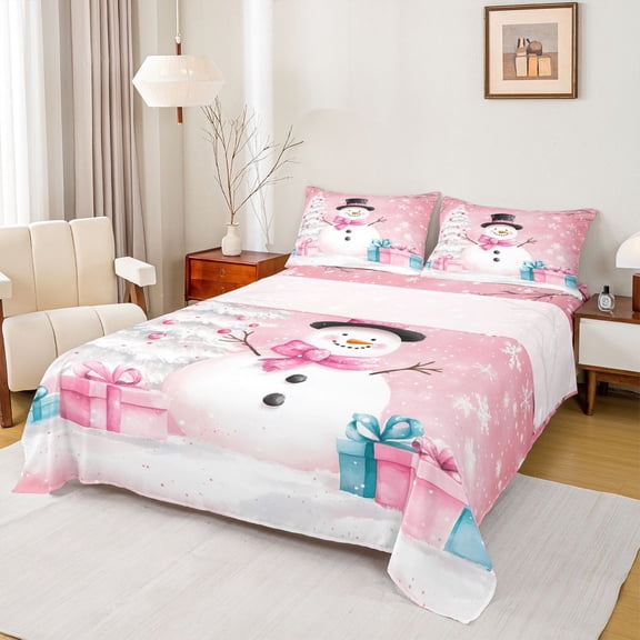 Homewish Kawaii Pink Snowman Twin Sheet Sets for Teens, Winter Xmas Tree Snowflake Twin Fitted Sheet, Fairy Tale Style Flat Sheet, Luxury Bedroom Decor, 3-Piece