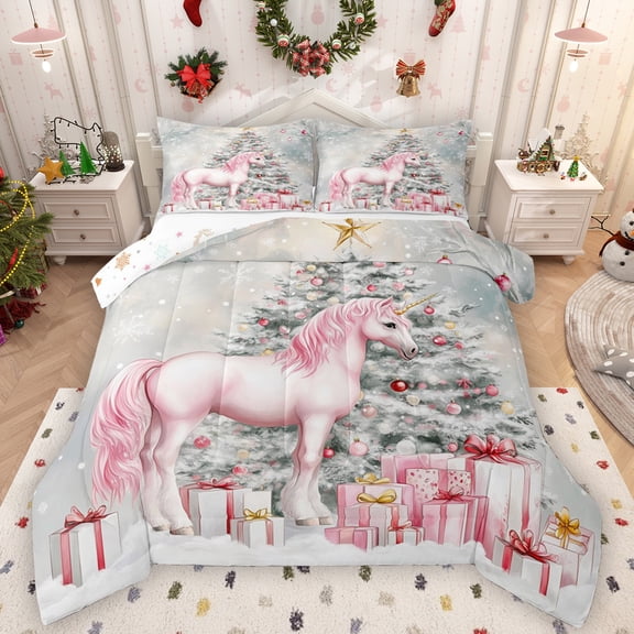 Manfei Kawaii Pink Unicorn Queen Comforter Set,Christmas Gifts Xmas Tree Bedding Sets,Happy New Year Bedding Comforter Set For Gir L Kids,Breathable Home Decor Reversible,3pcs