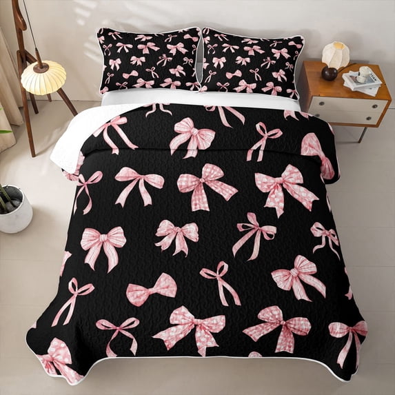 Manfei Kawaii Polka Dots Quilt Full For Girls,Cute Ribbon Bow Print Full Bedspread Sets For Princess,3 Pieces