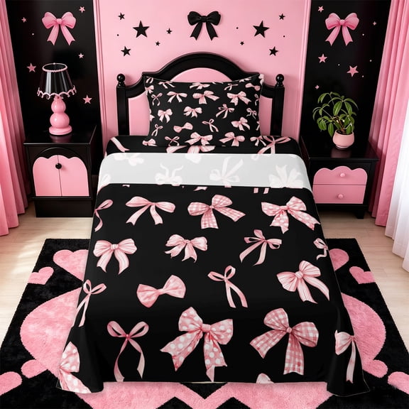 Manfei Kawaii Polka Dots Twin Sheet Sets For Girls,Cute Ribbon Bow Print Bedding For Princess,3-Piece