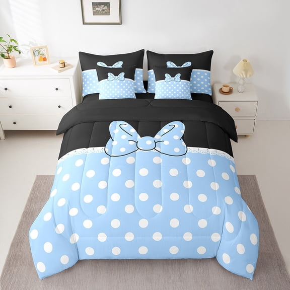 Manfei Kawaii Polkadots Bowknot Twin Bedding Sets 7-Piece, Fairy Tale Princess Bedding Comforter Set, Girly Cute Blue Bow Reversible Sheet Sets, Lightweight Room Decor