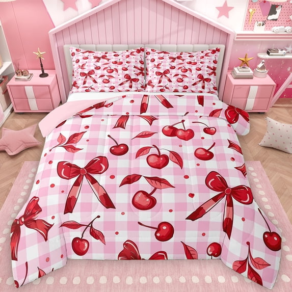 Manfei Kawaii Princess Bow Queen Comforter Set for Teens, Dreamy Cartoon Bowknot Bedding Sets, Pink Buffalo Plaid Reversible Bedding Comforter Set, Luxury Bedroom Decor, 3 Pieces
