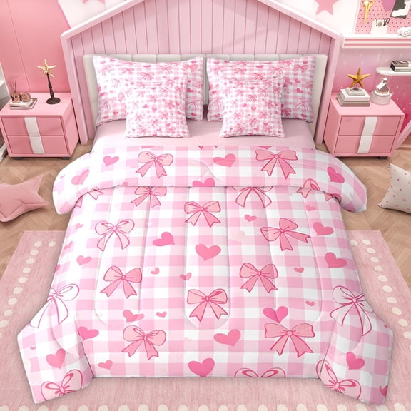 Manfei Kawaii Princess Bowknot Twin Bedding Sets 7-Piece for Teen, Romantic Love Heart Bedding Comforter Set, Pink Square Checkered Reversible Sheet Sets, Super Cozy Room Decor