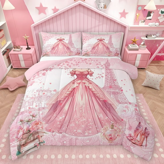 Homewish Kawaii Princess Dress Queen Comforter Set for Girl, Romantic Love Heart Bedding Sets, Pink Fashion Reversible Bedding Comforter Set, Lightweight Room Decor, 3 Pieces