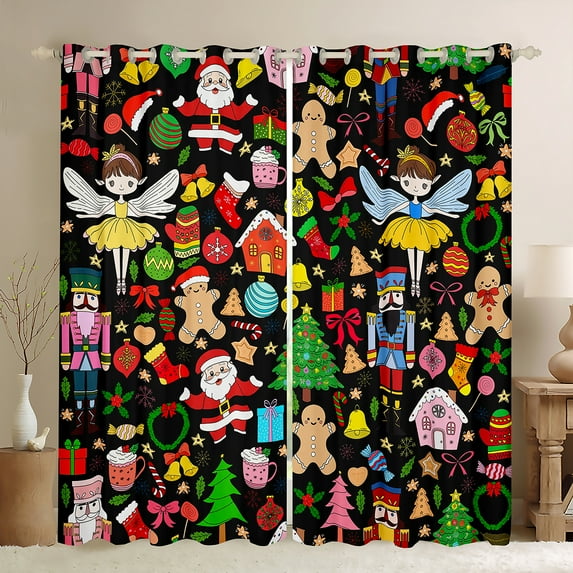Manfei Kawaii Princess Kids Black Out Curtains, Black Red Santa Claus Curtains Pack of 2 (42x63 Each), Cartoon Gingerbread Man Bedroom Curtains, Window Curtains Decor
