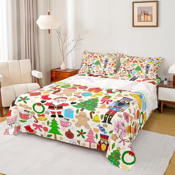 Manfei Kawaii Princess Kids Twin Sheet Sets, Cute Santa Claus Twin Fitted Sheet, Christmas Gingerbread Man Flat Sheet, Lightweight Room Decor, 3 Pieces