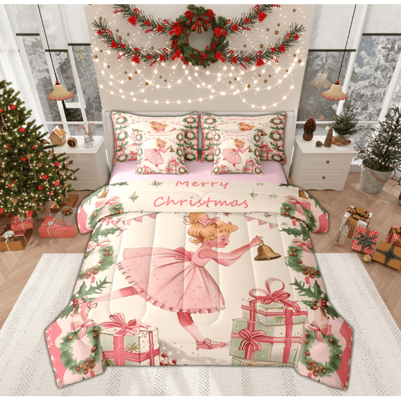 Manfei Kawaii Princess Twin Bedding Sets 7-Piece for Girls, Dreamy Fairy Tale Bedding Comforter Set, Christmas Tree Gifts Reversible Sheet Sets, Luxury Bedroom Decor