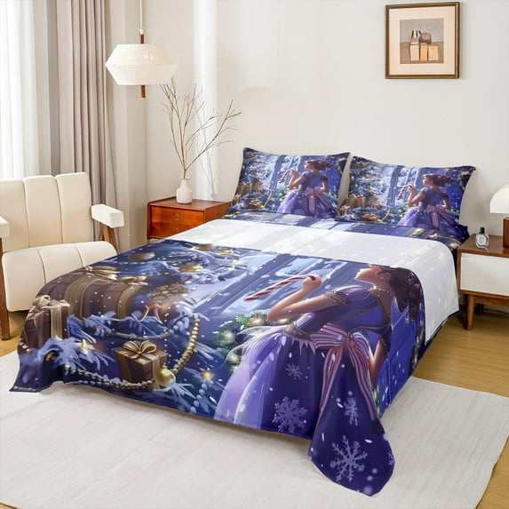 Manfei Kawaii Princess Twin Sheet Sets for Girls, Dreamy Fairy Tale Twin Fitted Sheet, Christmas Tree Gifts Flat Sheet, Super Cozy Room Decor, 3-Piece