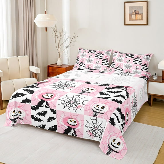 Manfei Kawaii Pumpkin Bat Queen Sheet Sets for Teen, Pink Stripes Patchwork Flat Sheet, Sugar Halloween Queen Fitted Sheet, Lightweight Room Decor, 4-Piece