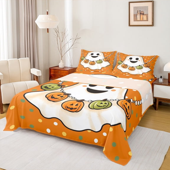 Manfei 3-Piece Twin Sheet Set with Kawaii Pumpkin Lantern and Cute Halloween Ghost Polka Dots