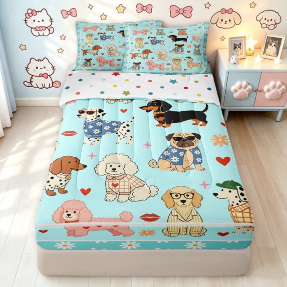 Manfei Kawaii Puppy Collage Zipper Twin Comforter Sets with Fitted Sheet and 2 Pillowcases, Spring Daisy Zipper Bedding Set, Mint Cyan, Polkadot Reversible, 4pcs