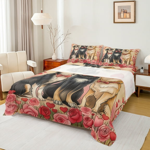 Manfei Kawaii Puppy Dogs Twin Sheet Sets,Romnatic Flower Floral Twin Fitted Sheet,Pet Lover Flat Sheet For Kids,Luxury Bedroom Decor,3 Pieces