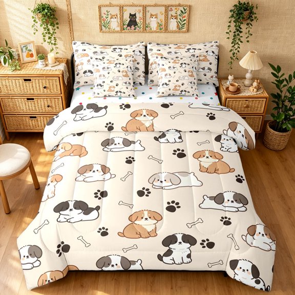 Manfei Kawaii Puppy Twin Bedding, Dog Bone Paw Bedding Comforter Set, Beige, Polkadot Reversible, 7 Pieces