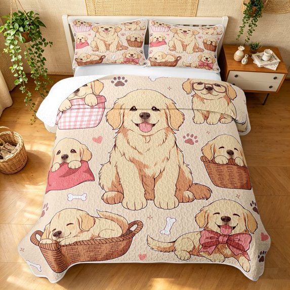 Manfei Kawaii Puppy Twin Quilt Set, Cartoon Bow Dog Twin Coverlet Set, Cream Pink, 2-Piece, 1 Bedspread and 1 Pillowcase