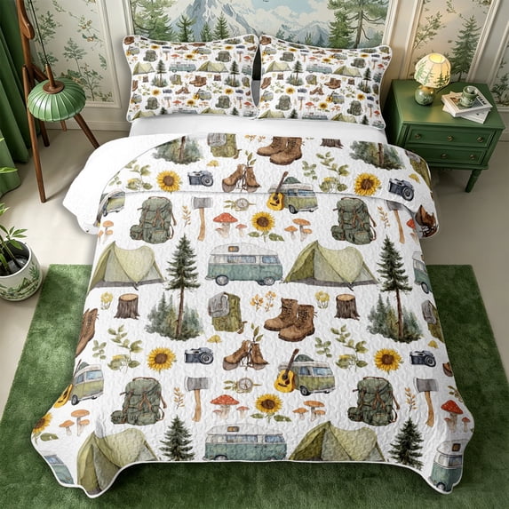 Manfei Kawaii RV Accessories Quilt King 3 Pieces,Camping Sunflowers Mushroom King Coverlet Set,Sage Green White,1 Bedspread and 2 Pillowcases