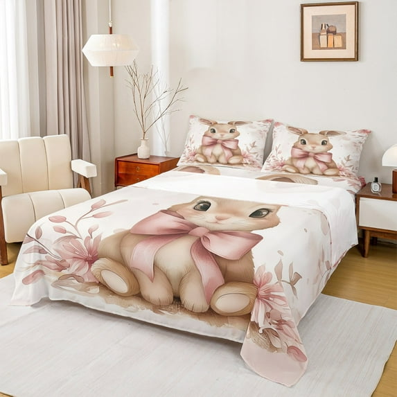Manfei Kawaii Rabbit Bed Sheets, Princess Bowknot King Sheets, Cartoon Bunnies Animal Sheet Set, Breathable Room Decorative, 4-Piece