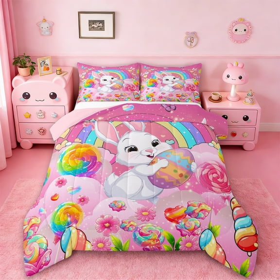 Manfei Kawaii Rabbit Bedding Comforter Set,Colorful Dinosaur Egg Twin Comforter Sets,Rinbow Candy Bedding Set For Girl Kids,Super Cozy Room Decor Reversible,2pcs