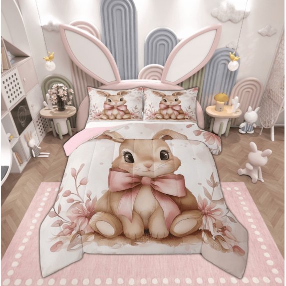 Feelyou Kawaii Rabbit Bedding Comforter Set, Princess Bowknot Twin Comforter Sets, Cartoon Bunnies Animal Bedding Set, Breathable Room Decorative, 2-Piece