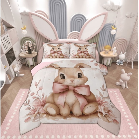 Feelyou Kawaii Rabbit Bedding Comforter Set, Princess Bowknot Twin Comforter Sets, Cartoon Bunnies Animal Bedding Set, Breathable Room Decorative, 2-Piece