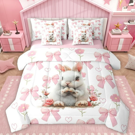 Manfei Kawaii Rabbit Kids Bedding Comforter Set 7 Pieces, Pink Princess Bow-tie Full Bedding Set, Cartoon Bunnies Animal Reversible Fitted Sheet Flat Sheet, Lightweight Room Decor