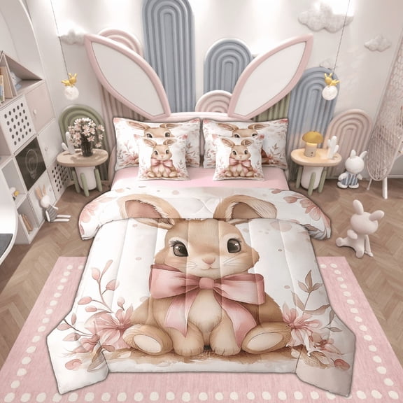 Feelyou Kawaii Rabbit Twin Bedding Sets 7-Piece, Princess Bowknot Bedding Comforter Set, Cartoon Bunnies Animal Sheet Sets, Breathable Room Decorative